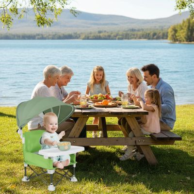 chaise-haute-bebe-parasol-verte-bord-dun-lac