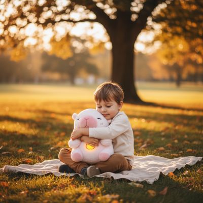 enfant-au-parc-avec-peluche-capybara-rose