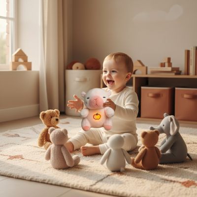 enfant-jouant-avec-peluche-capybara-rose