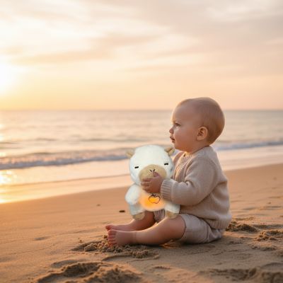 enfant-la-plage-avec-peluche-capybara-blanc