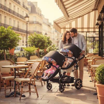 famille-au-cafe-avec-poussette-double-majeste-tandem-noire