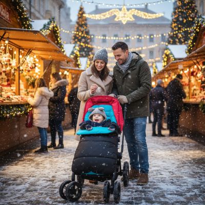 famille-au-marche-de-noel-avec-chanceliere-poussette-bleue