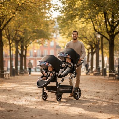 famille-au-parc-avec-poussette-double-majeste-cuir-noir