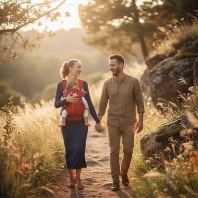 famille-avec-porte-bebe-kangourou-rouge-en-nature