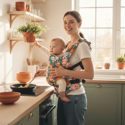 maman-avec-porte-bebe-hanche-colore-en-cuisine
