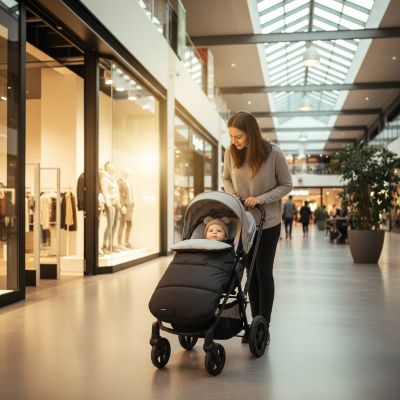 maman-shopping-avec-bebe-dans-chanceliere-poussette-grise-au-centre-commercial