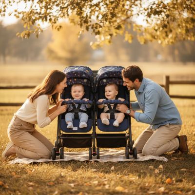 moment-intime-famille-poussette-double-galaxy-bleue