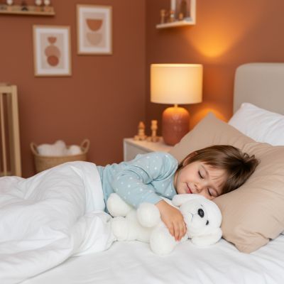 moment-paisible-au-coucher-avec-le-chien-en-peluche-blanc