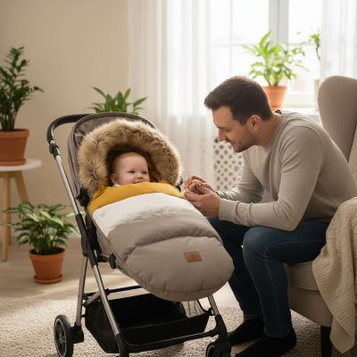 parent-tenant-main-bebe-chanceliere-poussette-cosyride-jaune-blanc-gris