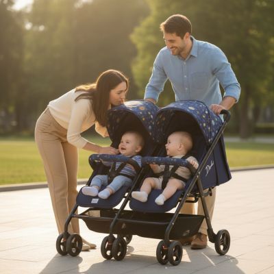 parents-avec-poussette-double-galaxy-bleue-au-parc