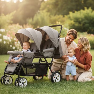parents-avec-poussette-double-twixy-tandem-grise-au-jardin