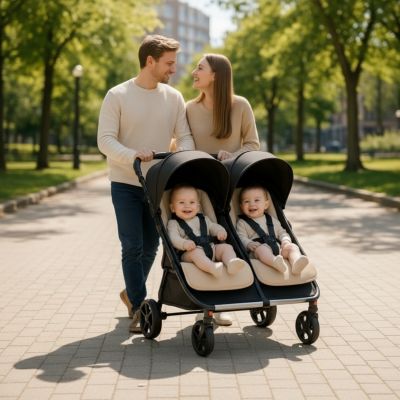 parents-ensemble-avec-poussette-double-duorbit-noire