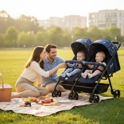 pique-nique-familial-poussette-double-galaxy-bleue