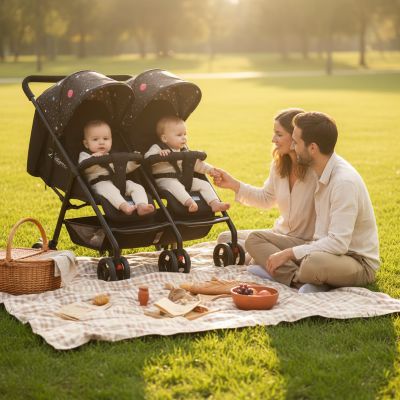 pique-nique-familial-poussette-double-galaxy-noire