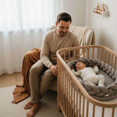 reducteur-de-lit-bebe-tresse-avec-papa-contemplant-bebe