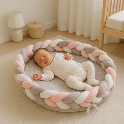 reducteur de lit bebe tresse rose blanc gris