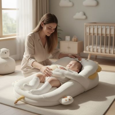 reducteur-de-lit-huma-maman-installant-bebe